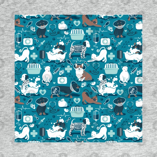 Veterinary medicine, happy and healthy friends // pattern // turquoise background aqua details navy blue white and brown cats dogs and other animals by SelmaCardoso